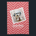 Photo with Red Chevron Pattern Custom Name Kitchen Towel<br><div class="desc">A preppy pattern with bold stripes and a first and last name. If your art still needs to be adjusted,  click on the Customize This button. This will take you to a design area where you can move things around and even change fonts!</div>