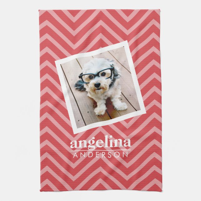 Photo with Red Chevron Pattern Custom Name Kitchen Towel (Vertical)