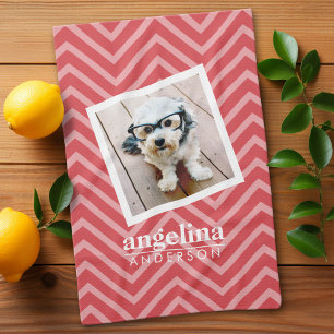Photo with Red Chevron Pattern Custom Name Kitchen Towel