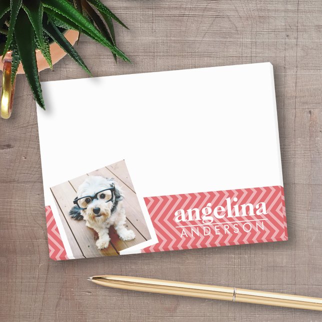 Photo with Red Chevron Pattern Custom Name Post-it Notes (Personalized post-it notes with an area to add your name or other text)