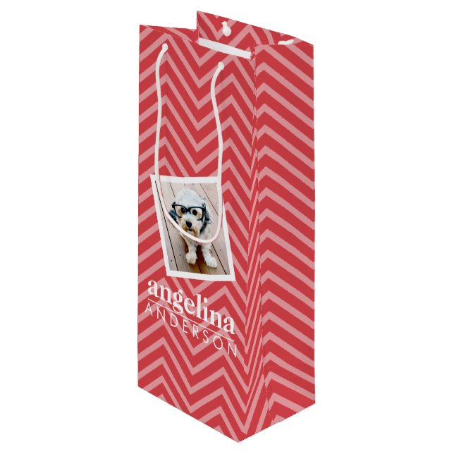 Photo with Red Chevron Pattern Custom Name Wine Gift Bag (Front Angled)
