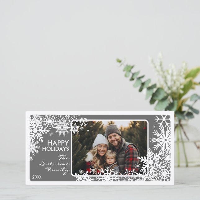 Photo with Snowflake Border - Grey White Holiday Card (Standing Front)