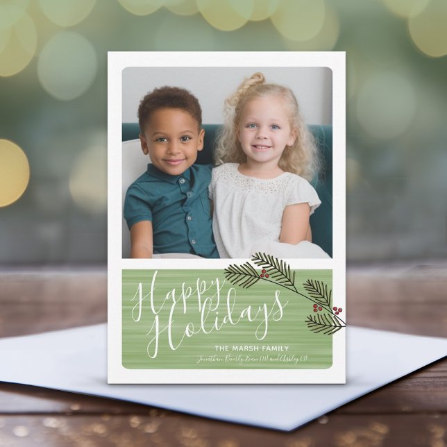 Photo with Whimsical Branches and Modern Script Holiday Card (1 Photo Christmas Card with Whimsical Pine Branch Design - Print or Instant Download)