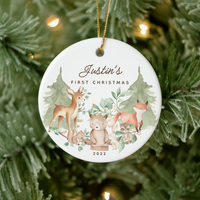 Photo Woodland Animals Baby's First Christmas Ceramic Ornament (Tree)