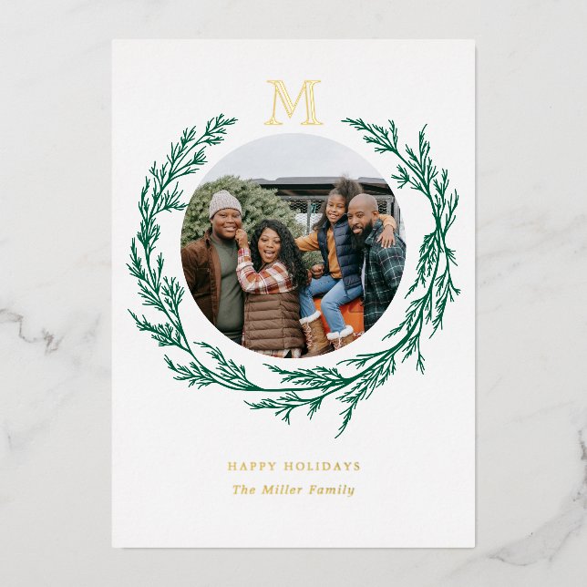 Photo Wreath Monogram  Foil Holiday Card (Front)