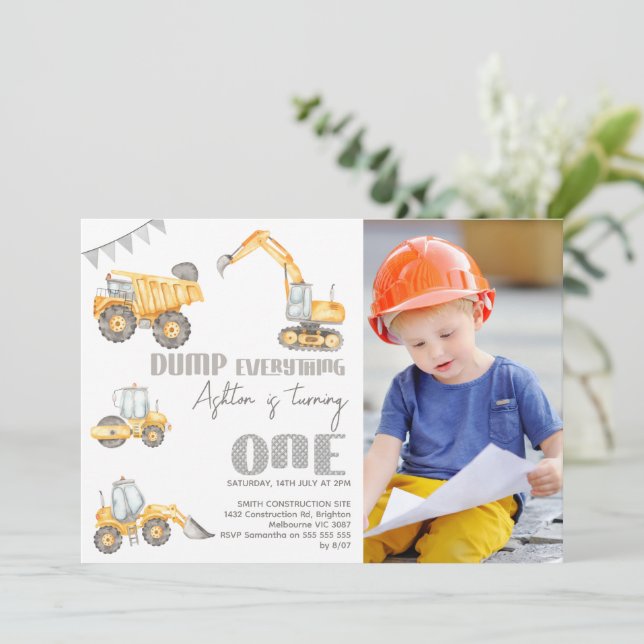 Photo Yellow Dump Construction 1st Birthday Invitation (Standing Front)
