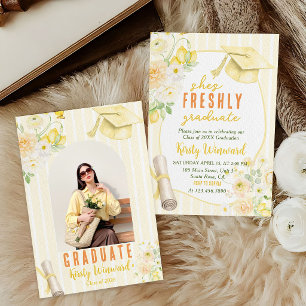 Photo Yellow Stripes Lemons and Flowers Graduation Invitation