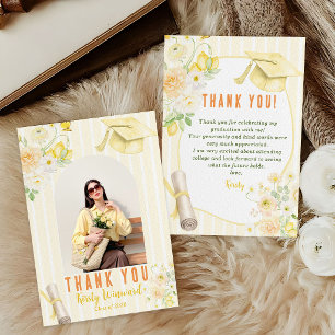 Photo Yellow Stripes Lemons and Flowers Graduation Thank You Card