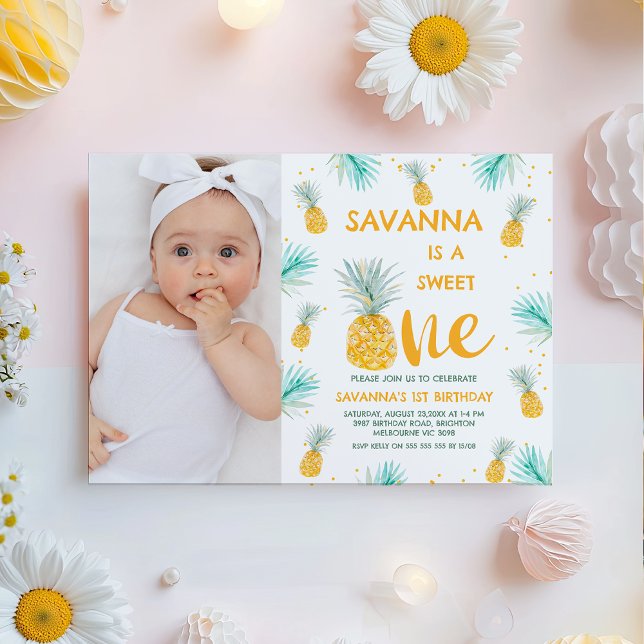Photo Yellow Sweet One Pineapple 1st Birthday  Invitation (Pineapple Sweet One 1st Birthday Invitation For Baby Girls, Girls Pineapple First Birthday Invite)