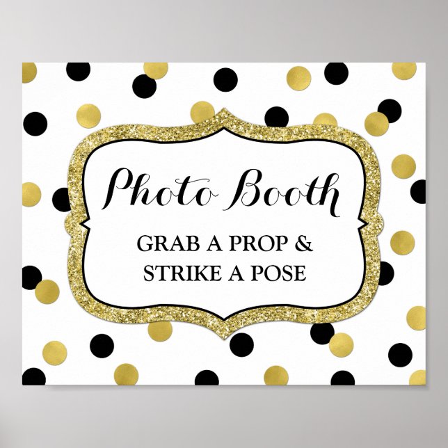 Photobooth Wedding Sign White Black Gold Confetti (Front)