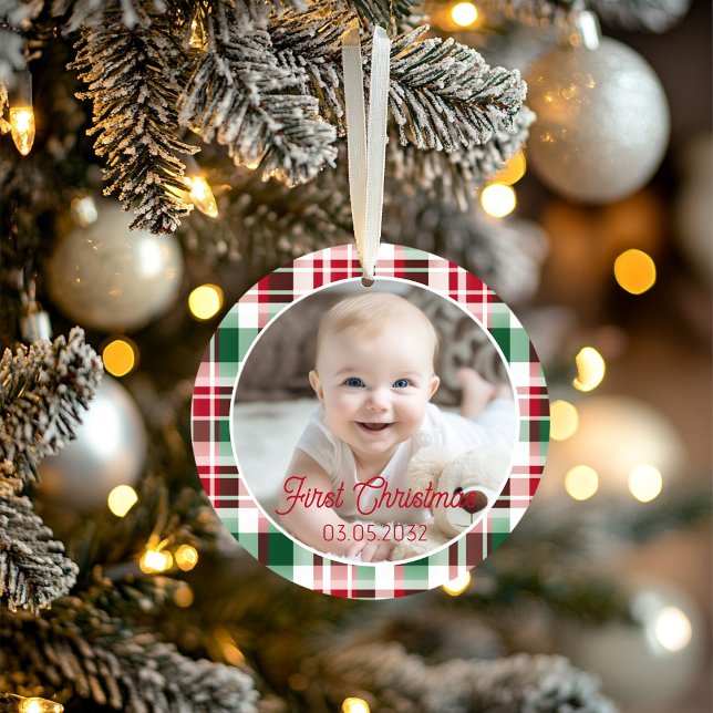 PhotoFirst Christmas Script Motif classique (Photo First Christmas Script Classic Rustic Plaid Pattern. Cute Baby's First Christmas ornament.)