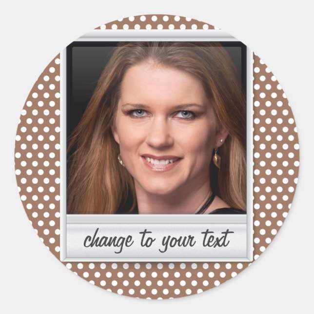 photoframe on white & brown polkadot classic round sticker (Front)