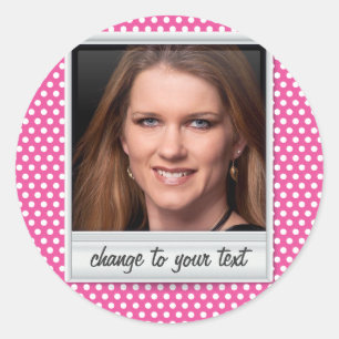 photoframe on white & pink polkadot classic round sticker