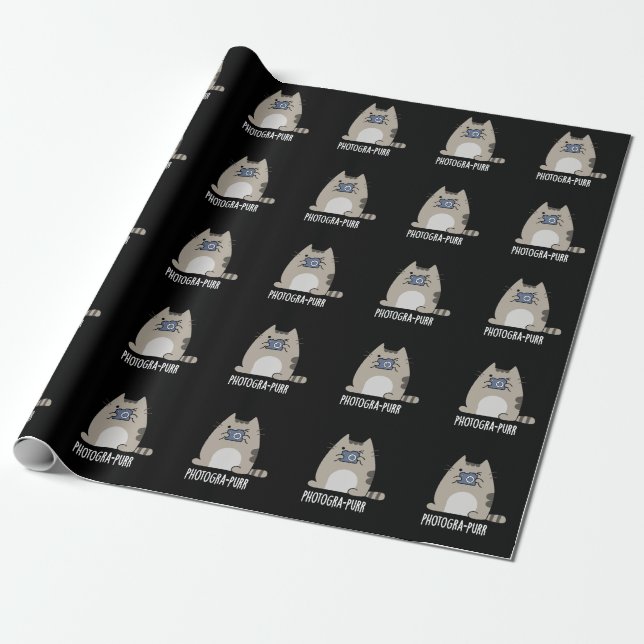Photograh-purr Funny Cat Photographer Pun Dark BG Wrapping Paper (Unrolled)