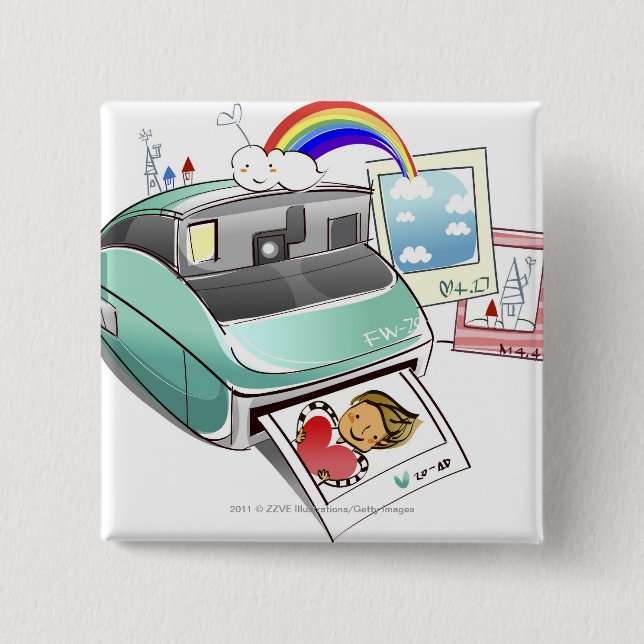 Photograph coming out of an instant camera 2 inch square button (Front)