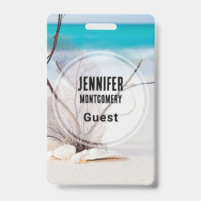 Photograph of Seashells on a Sandy Beach Guest Badge (Front)