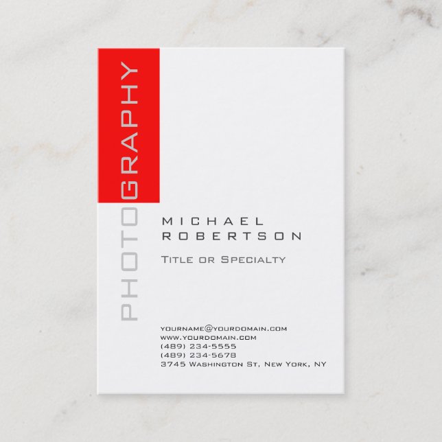 Photographer Artist White Red Clean Business Card (Front)