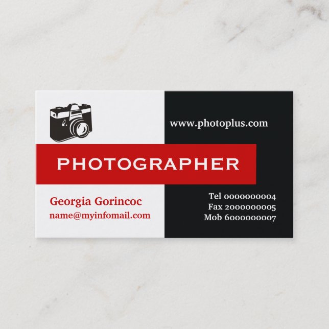 Photographer black, white, red eye-catching business card (Front)