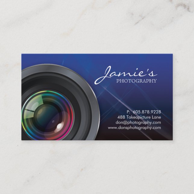 Photographer Business Card Modern Blue (Front)