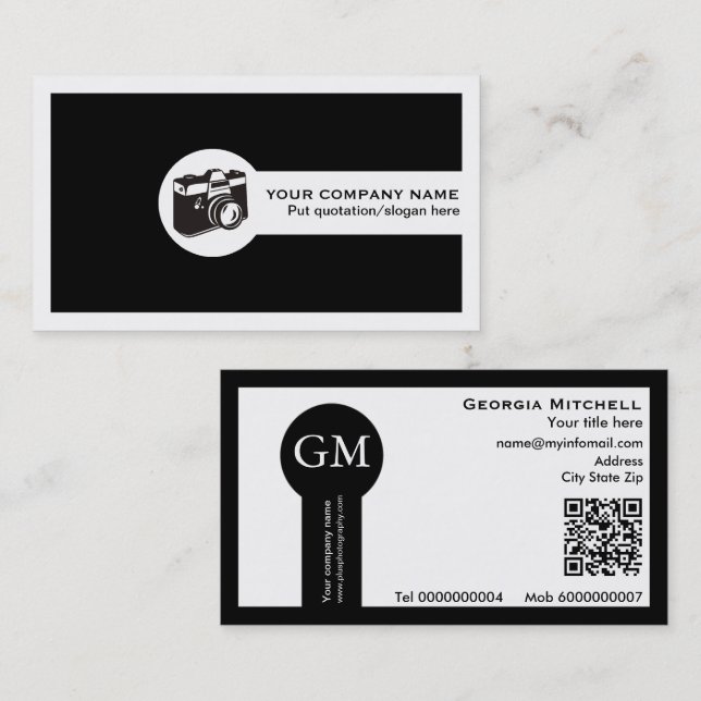 Photographer camera and QR code black and white Business Card (Front/Back)