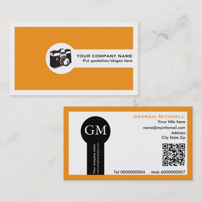Photographer camera and QR code orange Business Card (Front/Back)