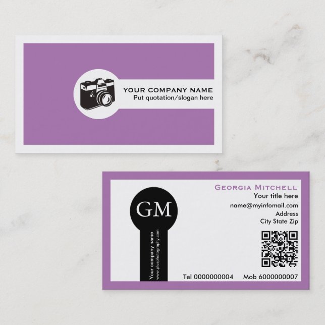 Photographer camera and QR code purple Business Card (Front/Back)