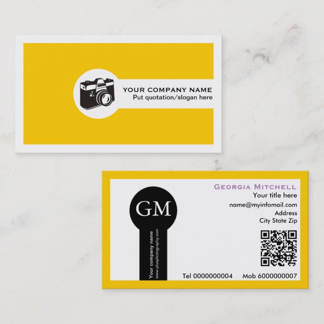 Photographer camera and QR code yellow Business Card (Front/Back)