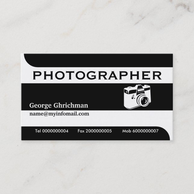 Photographer camera black, white eye-catching business card (Front)
