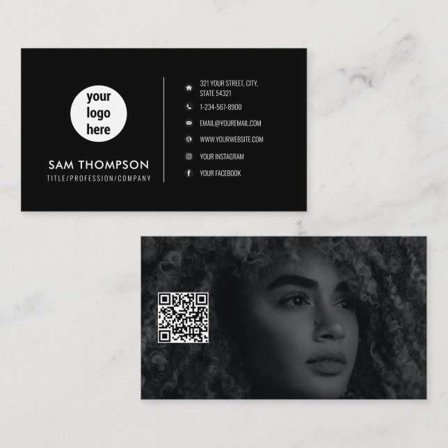 Photographer Logo Modern Minimalist QR Code Black Business Card (Front/Back)