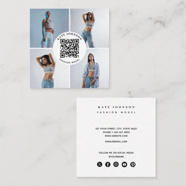 Photographer Model Photos QR Code Social Media Square Business Card (Front/Back)