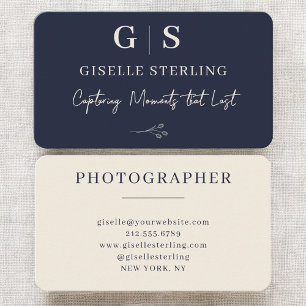 Photographer Navy Blue Monogram Business Card