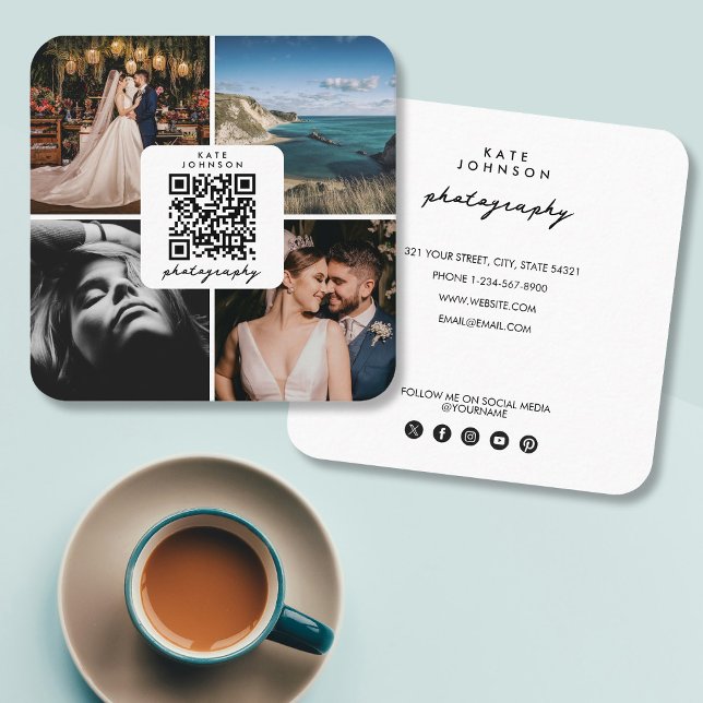 Photographer Photos QR Code Social Media Script Square Business Card (Photographer Photos QR Code Social Media Script Square Business Card)