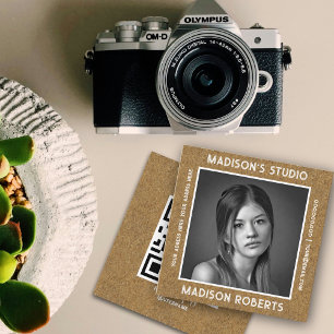 Photographer QR code custom photo black kraft chic Square Business Card