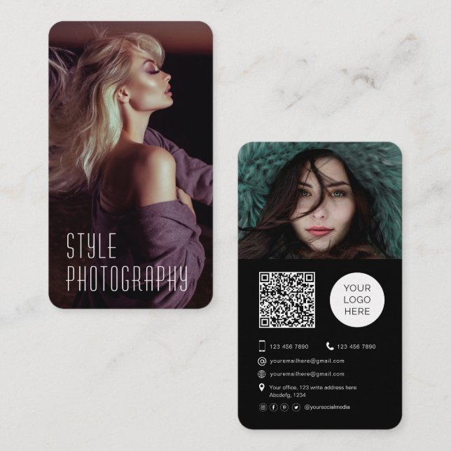 Photographer QR code Trendy photo Business Card (Front/Back)
