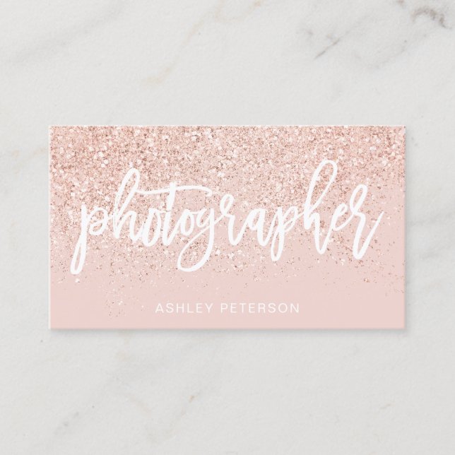 photographer rose gold glitter blush pink business card (Front)