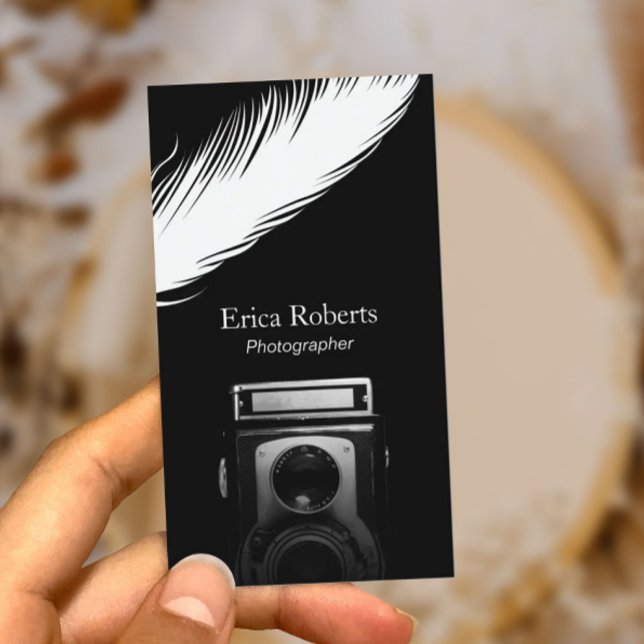 Photographer White Feather Old Camera Photography Business Card (Creator Uploaded)