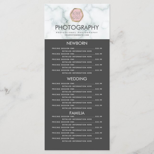 Photography Business Your Logo Grey Marble Menu (Front)