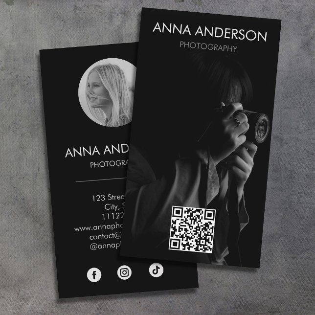 Photography Modern Vertical QR Code Social Media Business Card (Creator Uploaded)