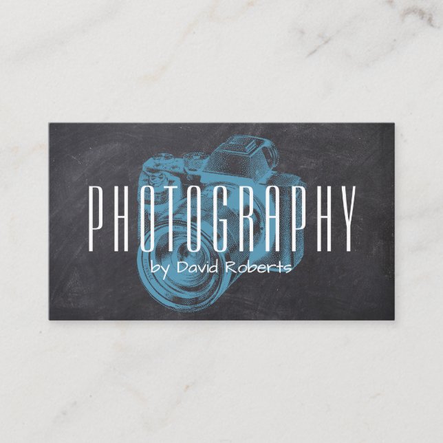 Photography Professional Blue Camera Chalkboard Business Card (Front)