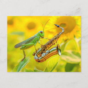 Photorealistic Grasshopper Playing Saxophone Postcard