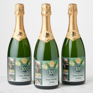 Photos, 100th Birthday Green Glitter Champagne Sparkling Wine Label