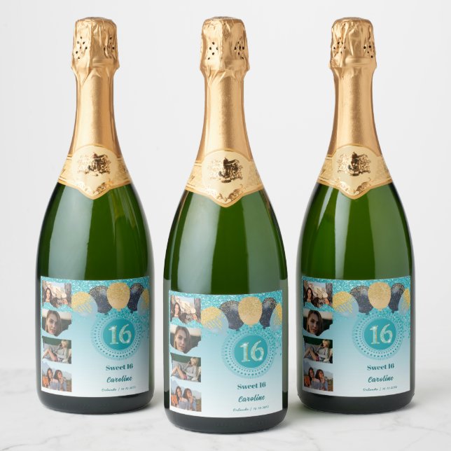 Photos, 16th Birthday Teal Blue Glitter Champagne Sparkling Wine Label (Bottles)