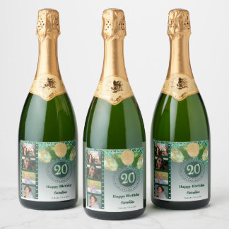 Photos, 20th Birthday Green Glitter Champagne Sparkling Wine Label