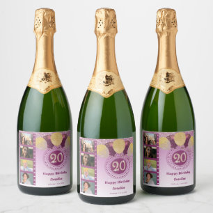 Photos, 20th Birthday Rose Gold Glitter Champagne Sparkling Wine Label