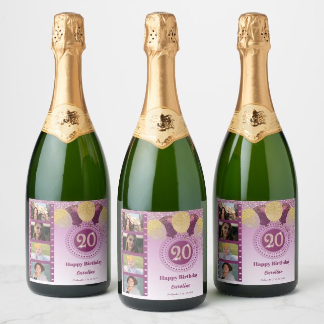 Photos, 20th Birthday Rose Gold Glitter Champagne Sparkling Wine Label (Bottles)