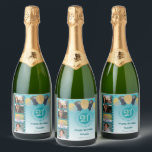 Photos, 21st Birthday Teal Blue Glitter Champagne<br><div class="desc">Surprise your guests with these elegant Champagne Labels featuring a stylish teal blue glitter with a unique glitter number 21 and four custom pictures.</div>