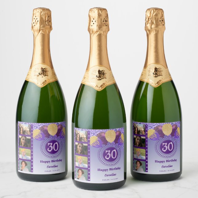 Photos, 30th Birthday Purple Glitter Champagne Sparkling Wine Label (Bottles)