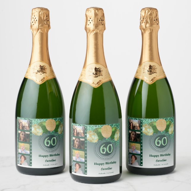 Photos, 60th Birthday Green Glitter Champagne Sparkling Wine Label (Bottles)