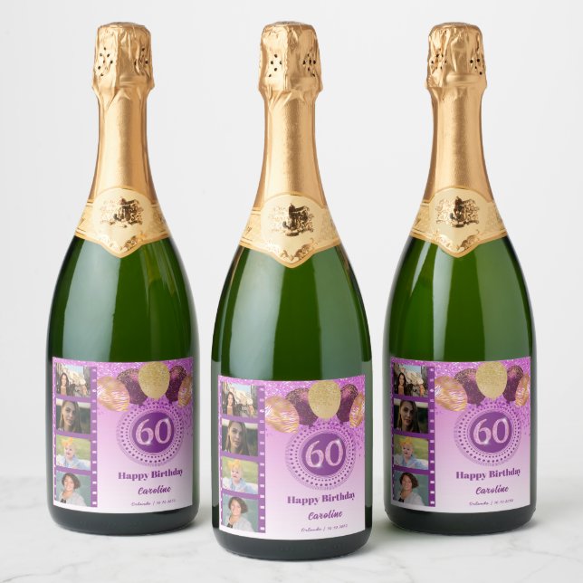 Photos, 60th Birthday Pink Glitter Champagne Sparkling Wine Label (Bottles)