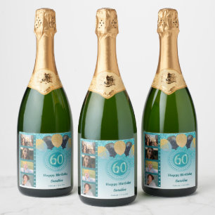 Photos, 60th Birthday Teal Blue Glitter Champagne Sparkling Wine Label